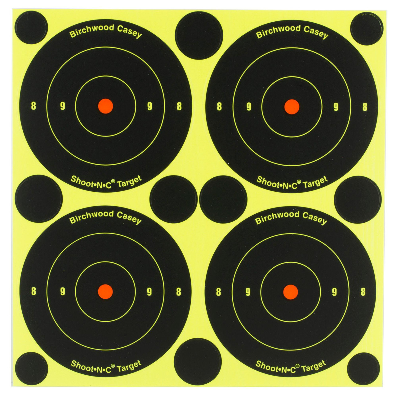 Birchwood Casey BC-34375 Self-Adhesive Shooting Targets - High Visibility for Indoor & Outdoor Practice, four black and yellow bullseye targets with red centers for marksmanship training.