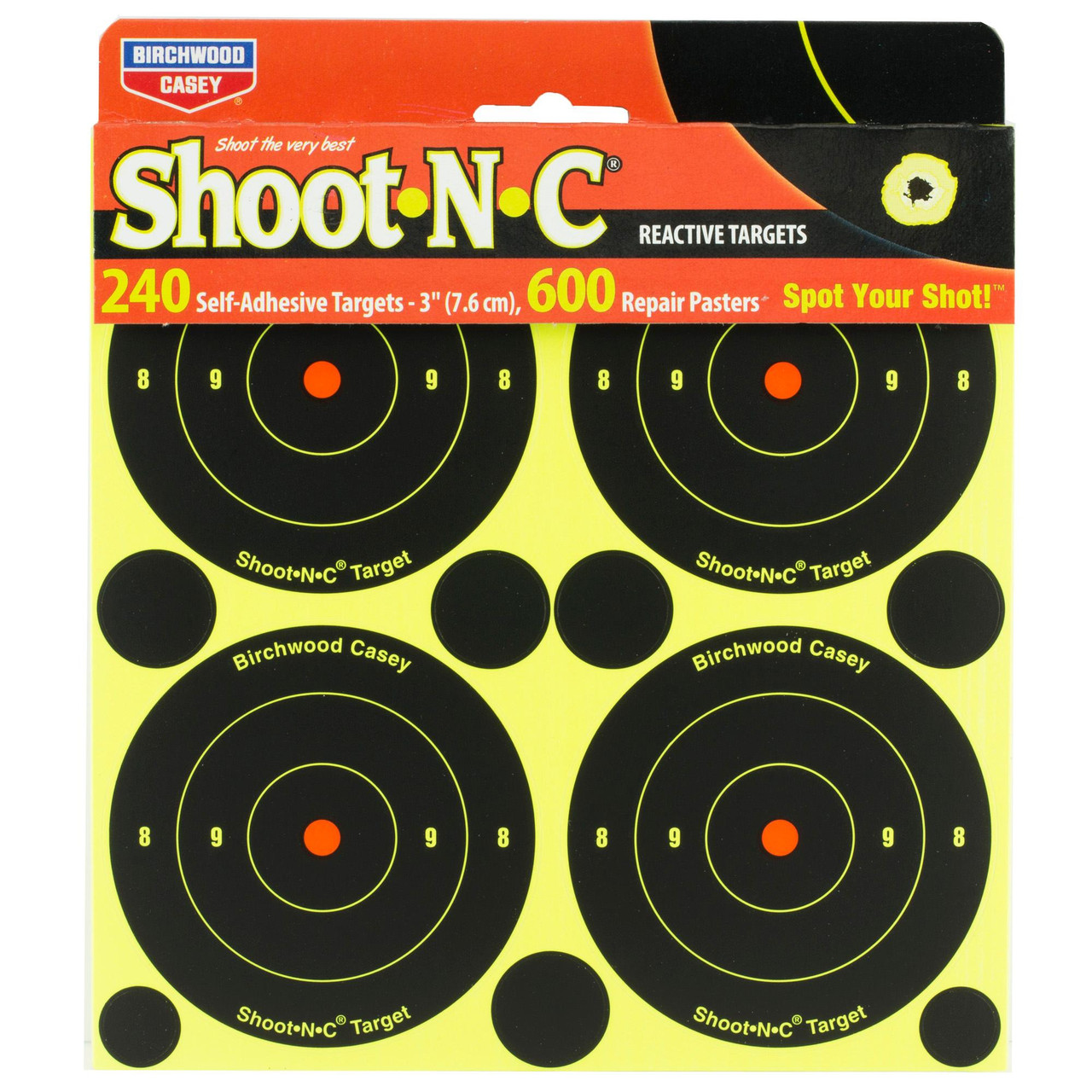 Birchwood Casey BC-34375 Self-Adhesive Shooting Targets - High Visibility for Indoor & Outdoor Practice, image of four black and yellow target sheets with concentric circles and orange bullseyes, and smaller round targets on bright yellow background.