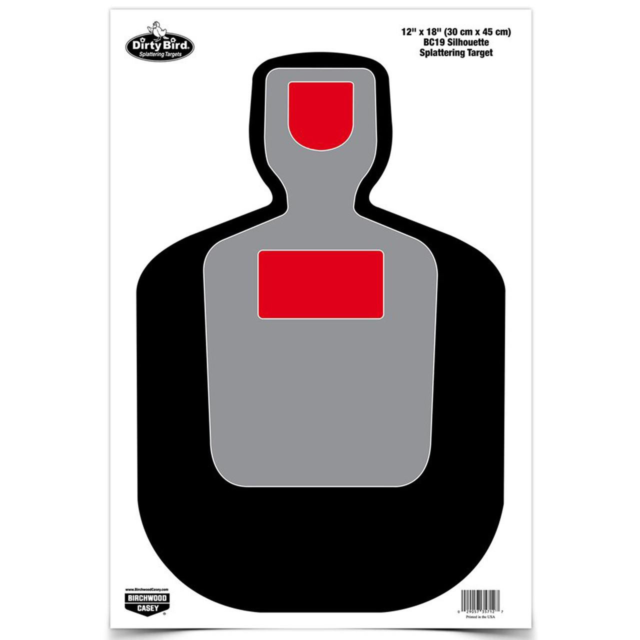 Birchwood Casey DIRTY BIRD BC19 SLHOUT TGT 8, image of a silhouette shooting target with red scoring zones for shooting practice.