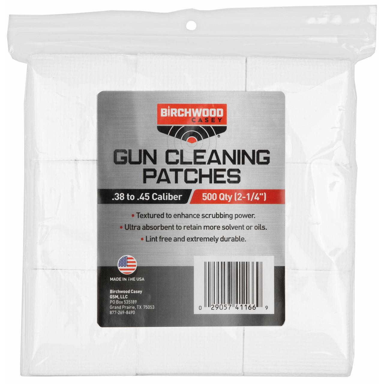 Birchwood Casey PATCHES 2-1/4" .38-.45 CAL 500PK, gun cleaning patches for firearm maintenance, packaged in a clear plastic bag with label