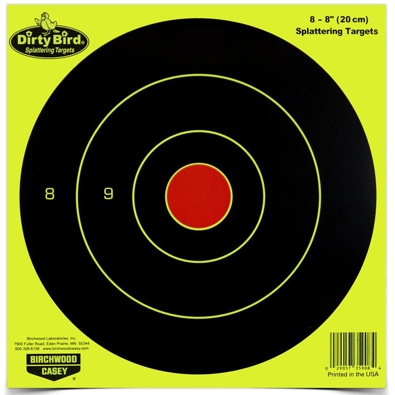 Birchwood Casey BC-35908 Heavy-Duty Shooting Targets for Indoor & Outdoor Ranges - Enhanced Visibility & Durability, close-up of a black and yellow target with red center and concentric rings for shooting practice.