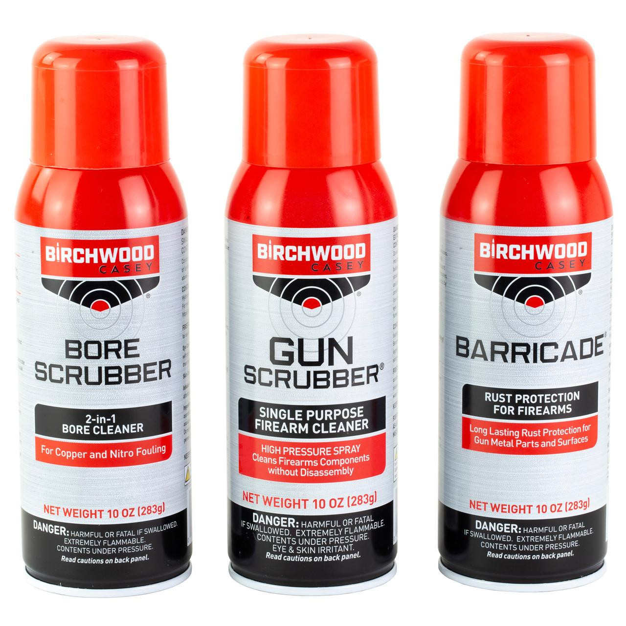Birchwood Casey 1-2-3 Aerosol Value Pack, three red spray canisters of gun cleaning and rust protection products with white labels and red caps.