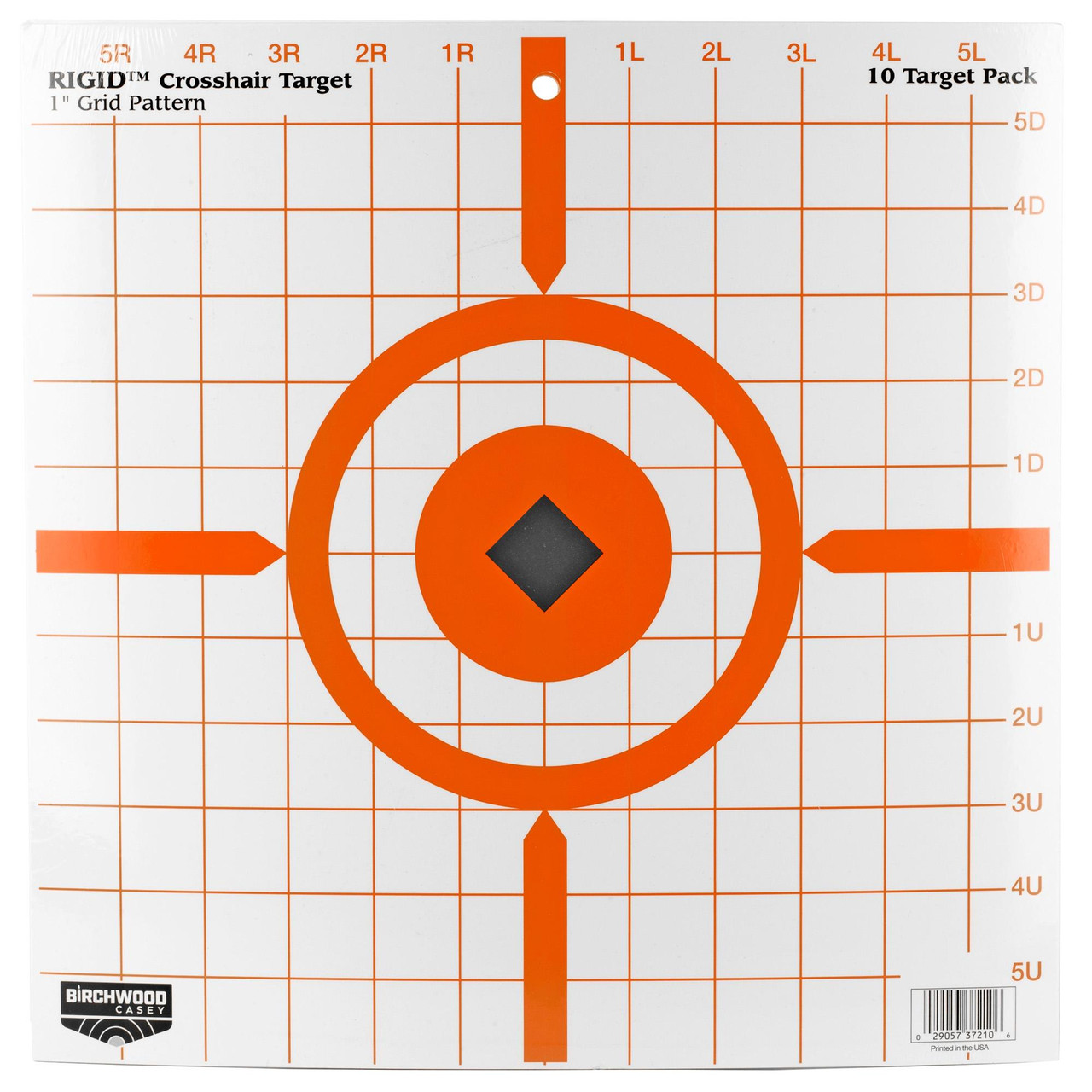Birchwood Casey BC-37210 Self-Adhesive Shooting Targets, image of a grid pattern target with bright orange markings and a black center, suitable for indoor and outdoor ranges, easy to see bullet impacts.