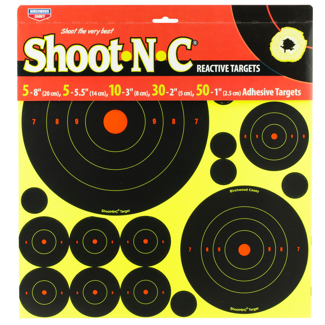 Birchwood Casey BC-34018 Self-Adhesive Shooting Targets, high visibility black targets with orange bulls-eyes and concentric rings for indoor and outdoor shooting ranges.