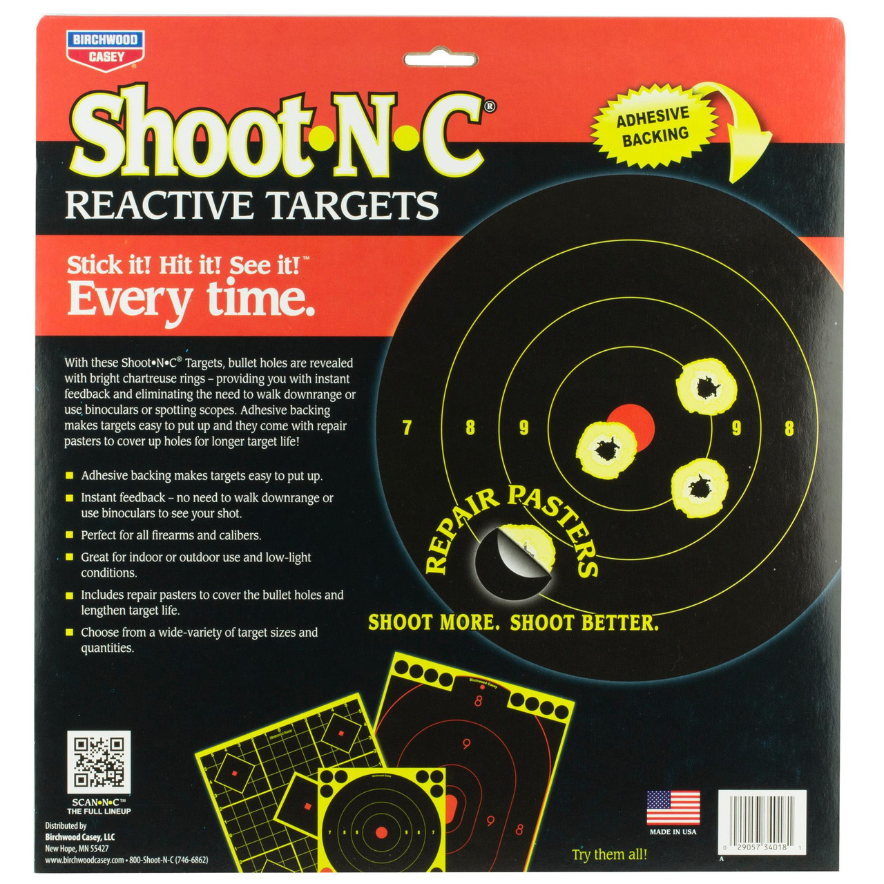 Product Birchwood Casey BC-34018 Self-Adhesive Shooting Targets, high visibility reactive targets with bright chartreuse rings for indoor and outdoor ranges.