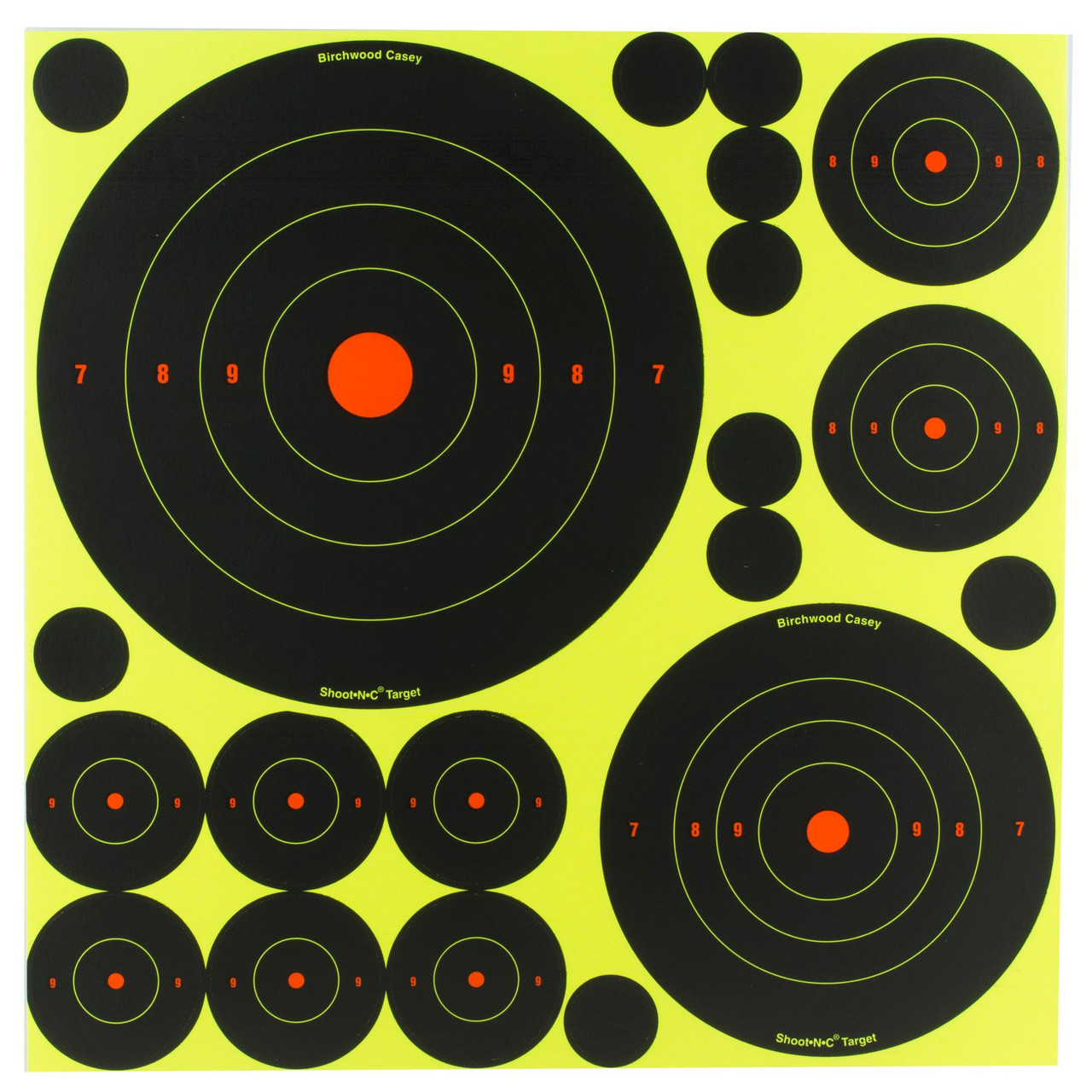 Birchwood Casey BC-34018 Self-Adhesive Shooting Targets, high visibility black targets with orange centers and numbered rings for indoor and outdoor shooting ranges.