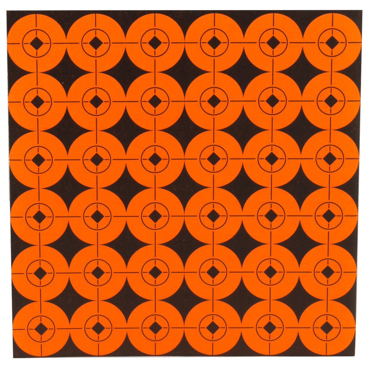 Birchwood Casey BC-33901 Self-Adhesive High-Contrast Shooting Targets for Rifles, Shotguns, Handguns & Archery, vibrant orange targets with black bullseyes arranged in a grid pattern.