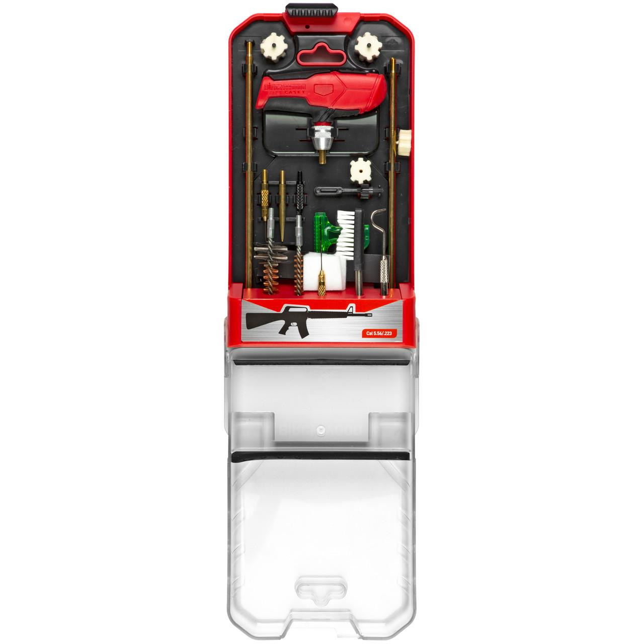Birchwood Casey AR-15 Cleaning Kit 22 Piece, organized firearm cleaning tools and accessories in a red and black case.