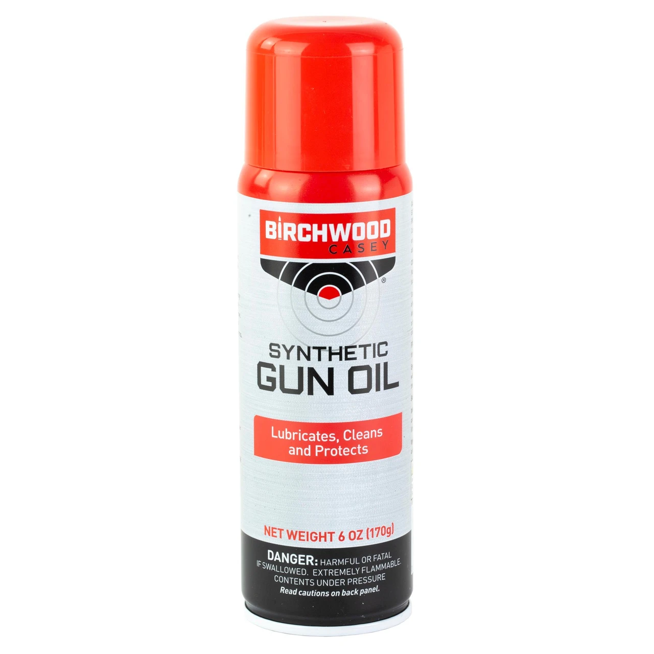 Birchwood Casey BC-44135 Premium Gun Care Oil, aerosol spray can of synthetic gun oil with red cap and white label, lubricates, cleans, and protects all metal surfaces, suitable for all climates.