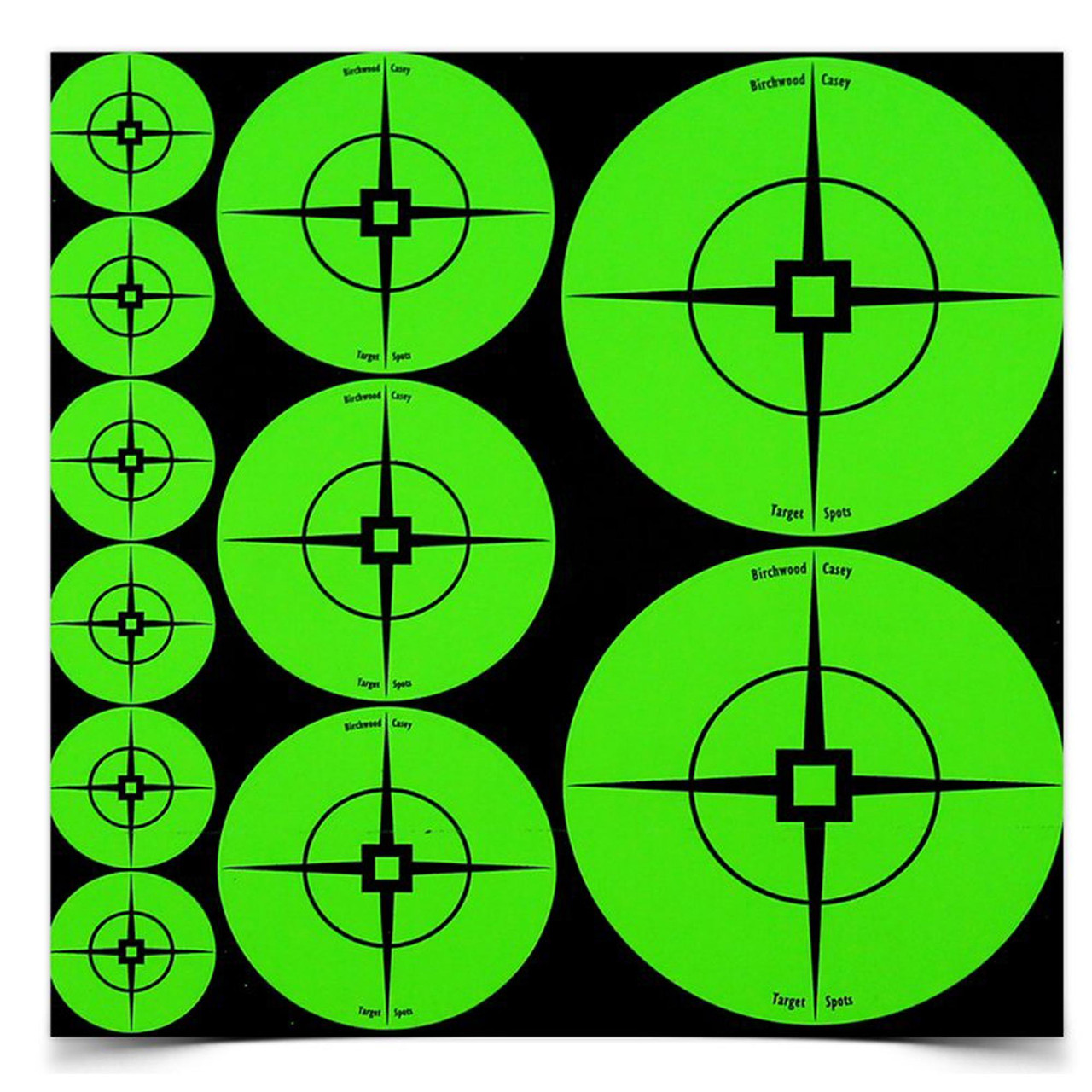 Birchwood Casey BC-33938 Self-Adhesive High-Contrast Shooting Targets for Rifles, Shotguns, Handguns & Archery - Green glowing target sheets with crosshair and bullseye design for range practice.