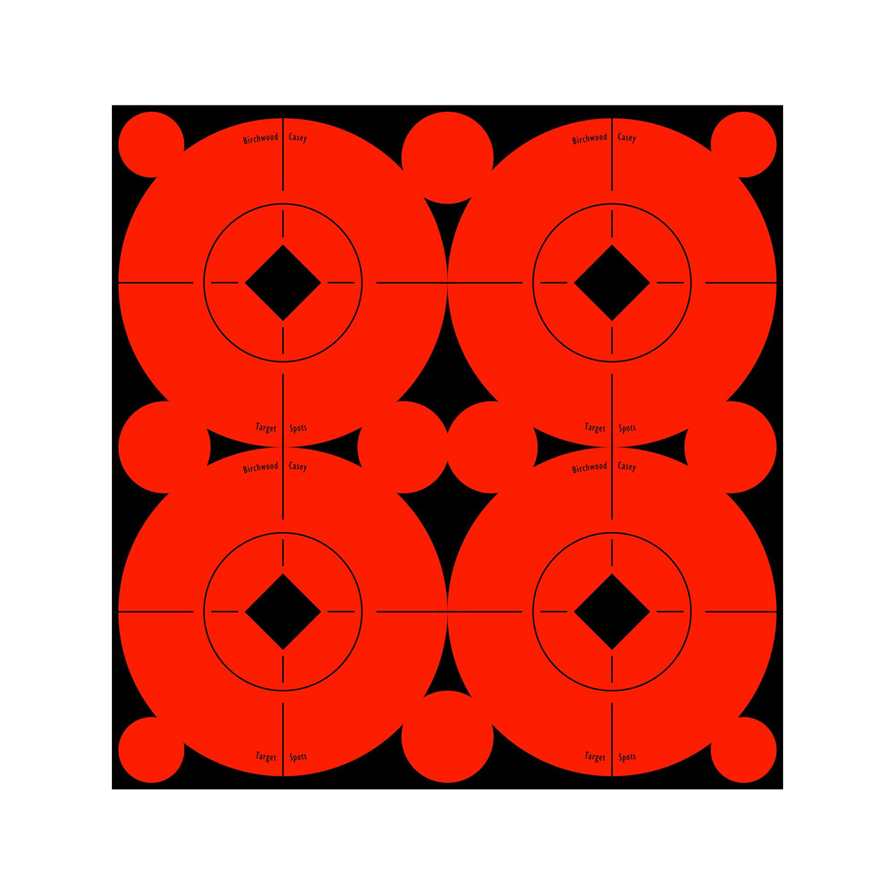 Birchwood Casey BC-33903 Self-Adhesive High-Contrast Shooting Targets for Rifle, Shotgun, Handgun & Archery, bright red circular targets with black centers and high contrast markings for improved visibility during shooting practice.