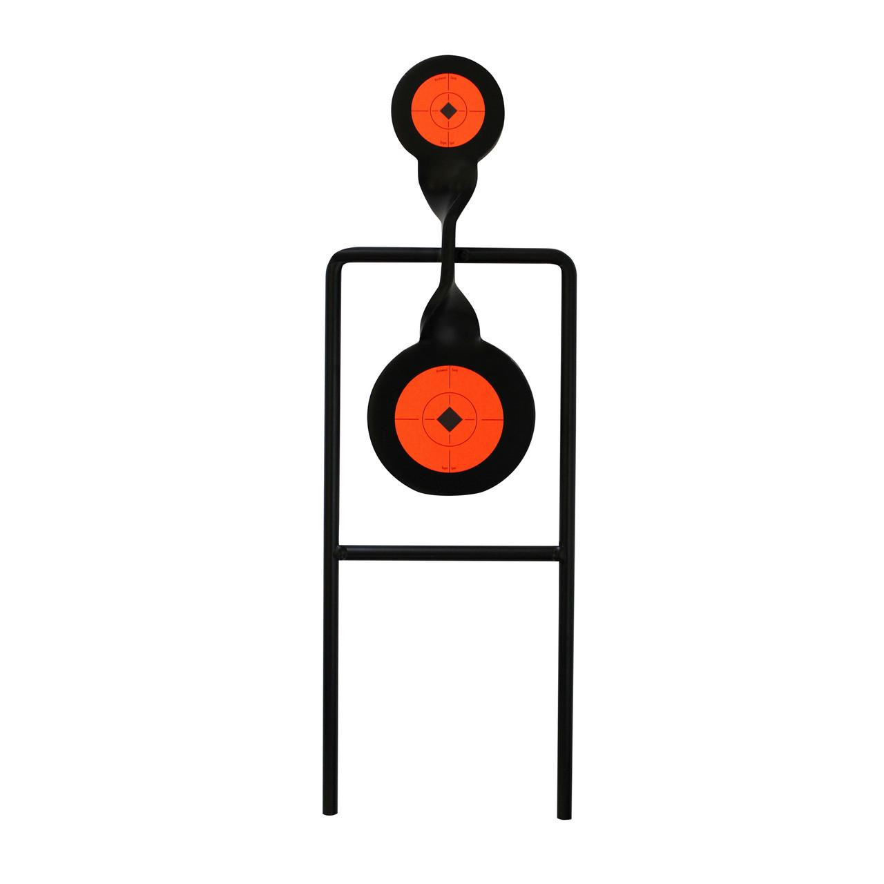 Birchwood Casey WRLD OF TGTS DBL MAG SPIN TGT, dual spinning target with orange and black targets on a black stand for shooting practice.
