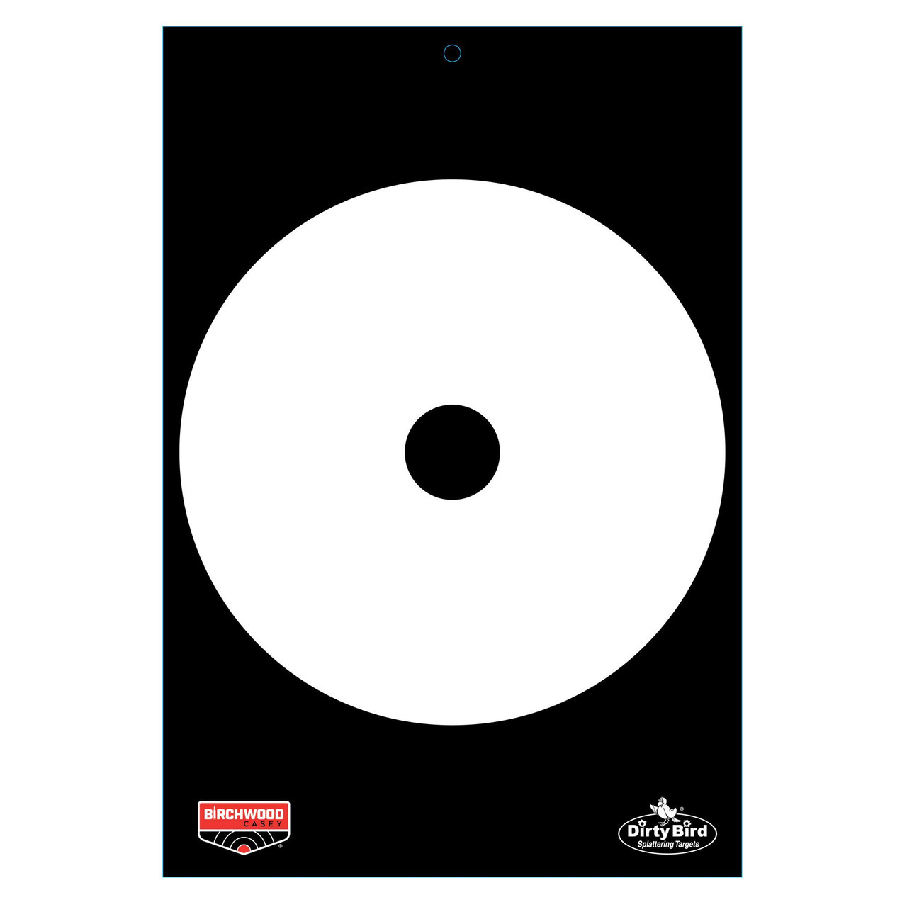 Birchwood Casey BC-35774 Splatter Targets - 6 Pack for Pistol Shooting, heavy tagboard construction with intense contrast, showing a white circular target on a black background with sponsor logos at the bottom.