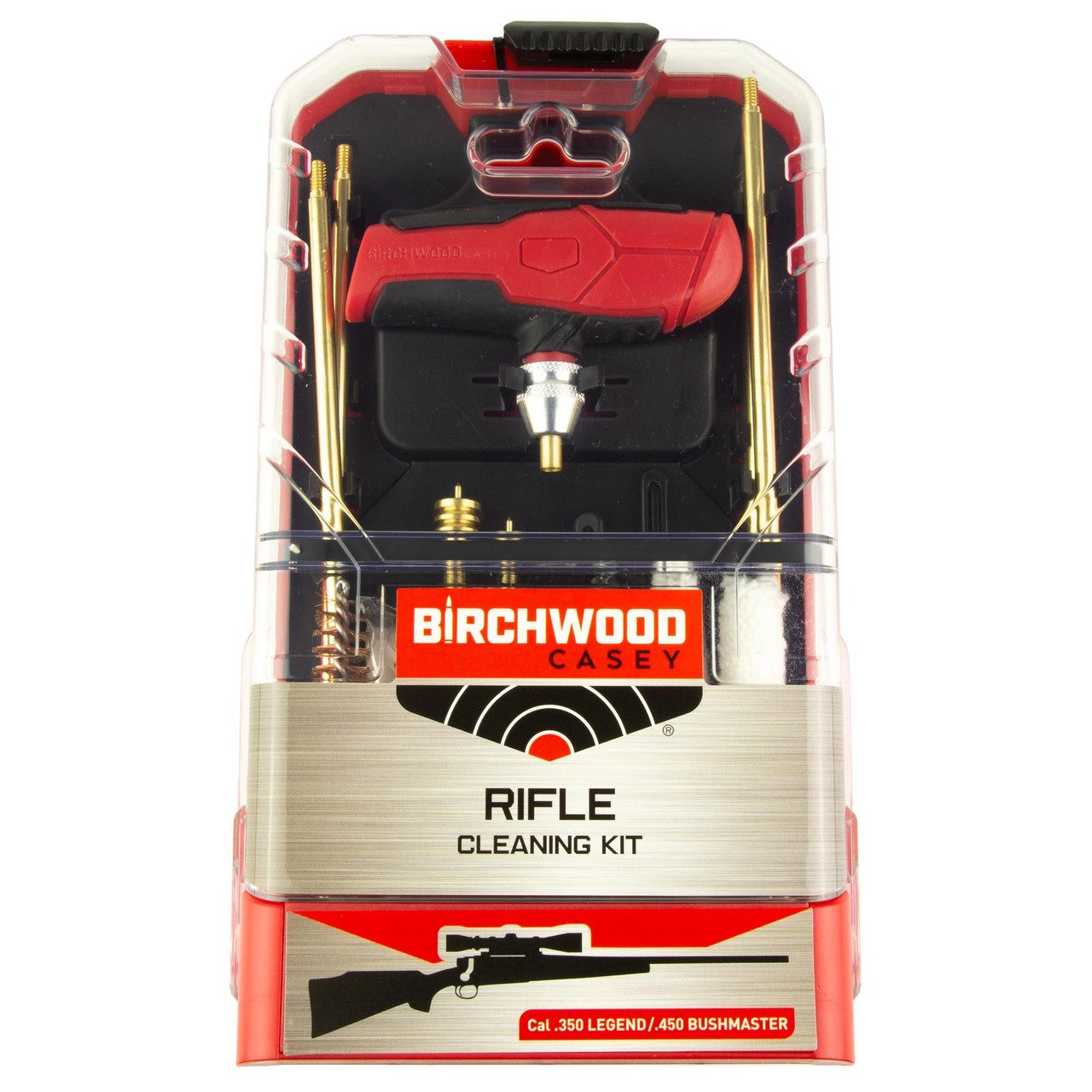 Birchwood Casey BC-3545CLN-KIT | Ultimate 350 Legend & 450 Bushmaster Rifle Cleaning Kit with Free-Spinning Handle & Kickstand, in clear plastic case with firearm illustration and cleaning accessories inside.