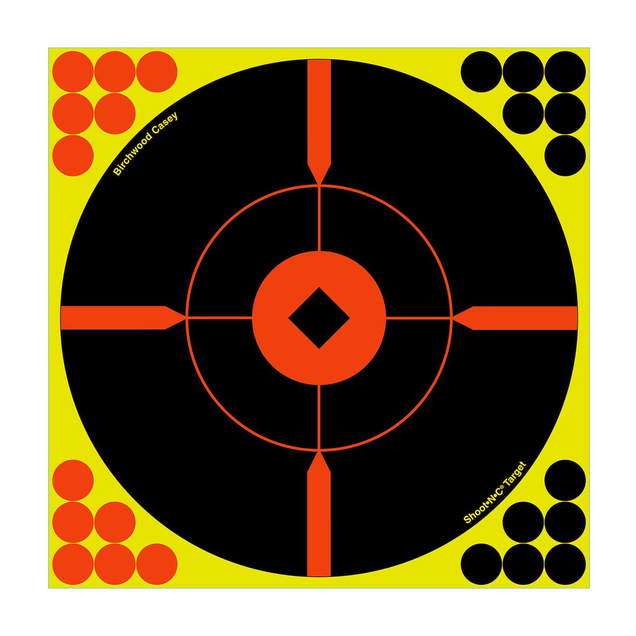 Birchwood Casey SHT-N-C RND CH BLSEYE TGT, a round shooting target with a black background and orange accents, featuring bullseye rings and corner dot targets in red and black for marksmanship practice.