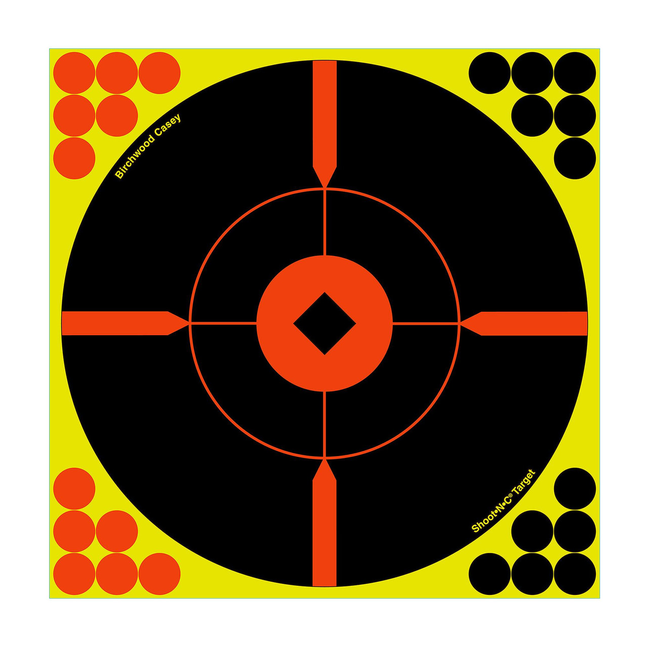 Birchwood Casey BC-34015 Self-Adhesive Shooting Targets for Indoor & Outdoor Ranges, high visibility black and orange bullseye target with bullet impact marks, designed for easy target practice.