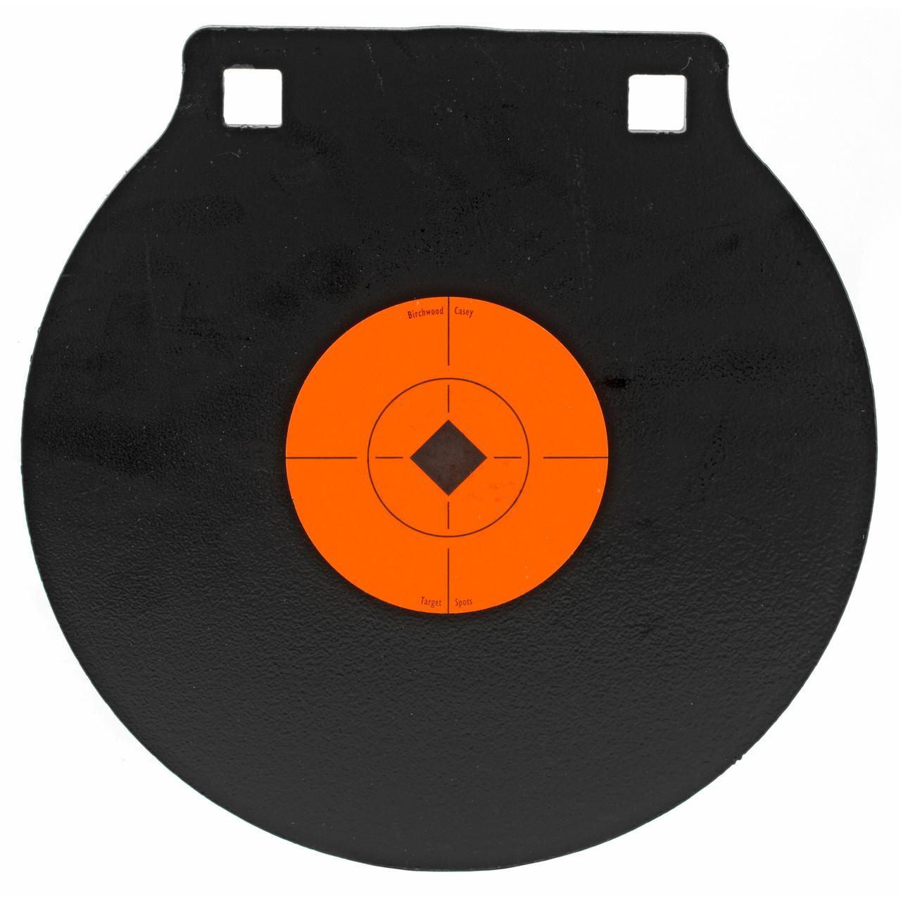 Birchwood Casey 8" GONG TWO HOLE 3/8" AR500 STL, black and orange shooting target with two holes and a central diamond-shaped target area.