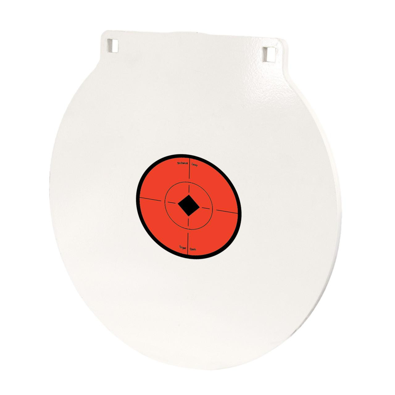 Birchwood Casey 12" 1/2" Steel Target Round Plate, white steel target plate with a red and black shooting target design in the center.