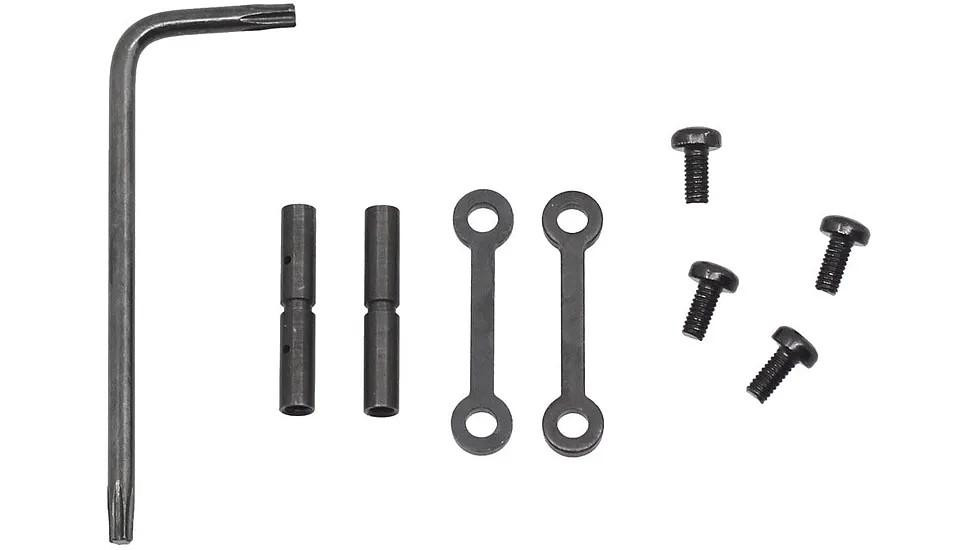 ABCSportZ 223/5.56 Rifle Anti Walk Pin Set Steel Black, image showing the set of steel black anti-walk pins, screws, and tool for AR rifle stabilization.