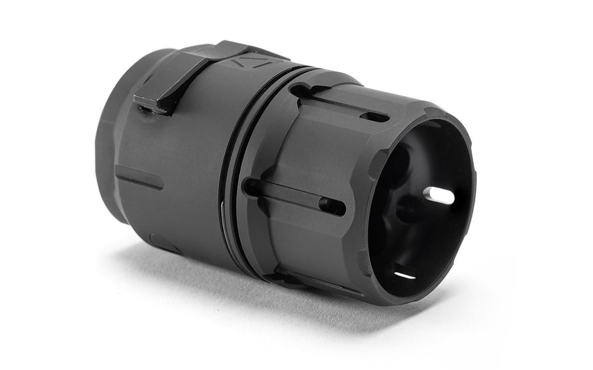 Strike Industries SI-BS-NATO-BK Blast Shield for A2 Birdcage Flash Hider, black tactical firearm muzzle device with heat-resistant coating.