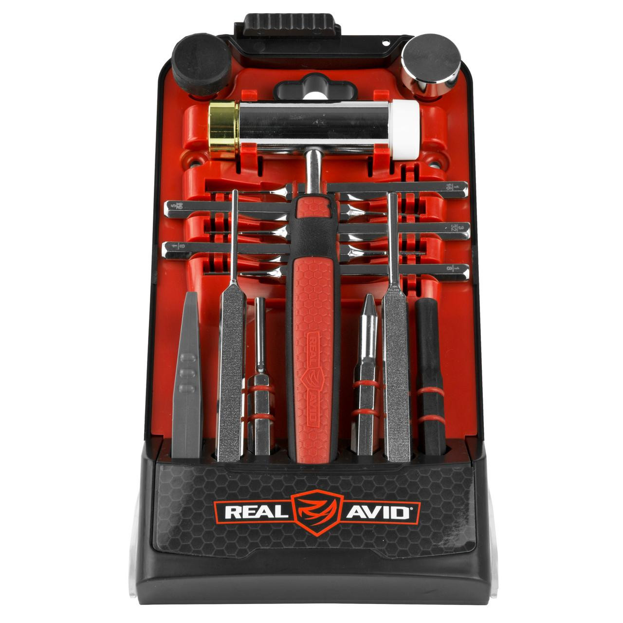 Real Avid ACCU-PUNCH HAMMER & AR15 P, a set of precision punch tools with a red and black carrying case, including a hammer, punches, and accessories for firearm assembly and maintenance.