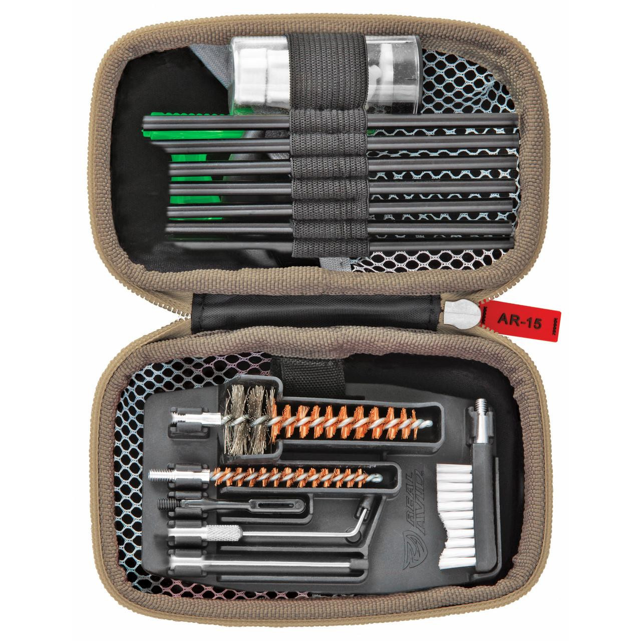Real Avid GUN BOSS AR15, portable cleaning and maintenance kit for AR15 rifles with various brushes, tools, and accessories inside a tan carrying case.