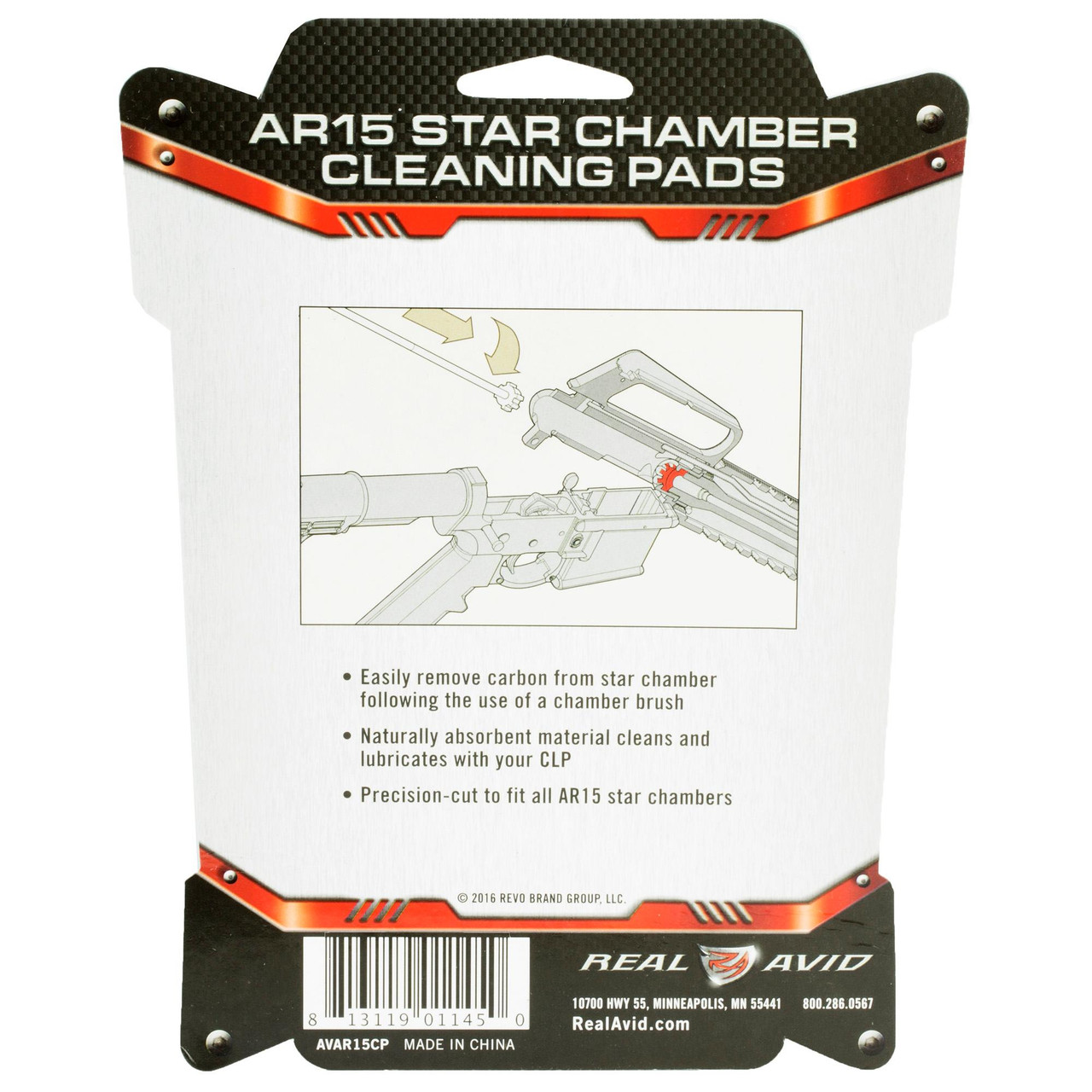 Real Avid AVAR15CP Star Chamber Cleaning Pads - 20 Wool Pads for Effective AR15 Carbon Removal, product packaging with illustration of usage and product details.