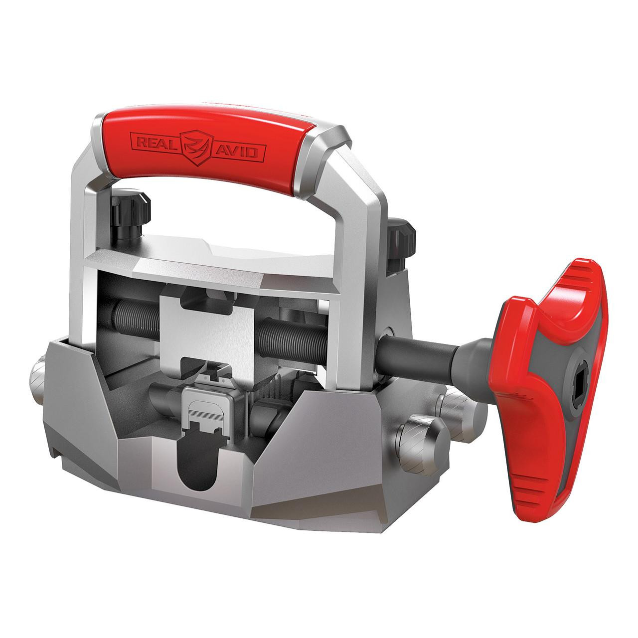 Real Avid MASTER SIGHT PUSHER, tools for removing and installing handgun sights, with red and black handle, and adjustable mechanisms for precision.