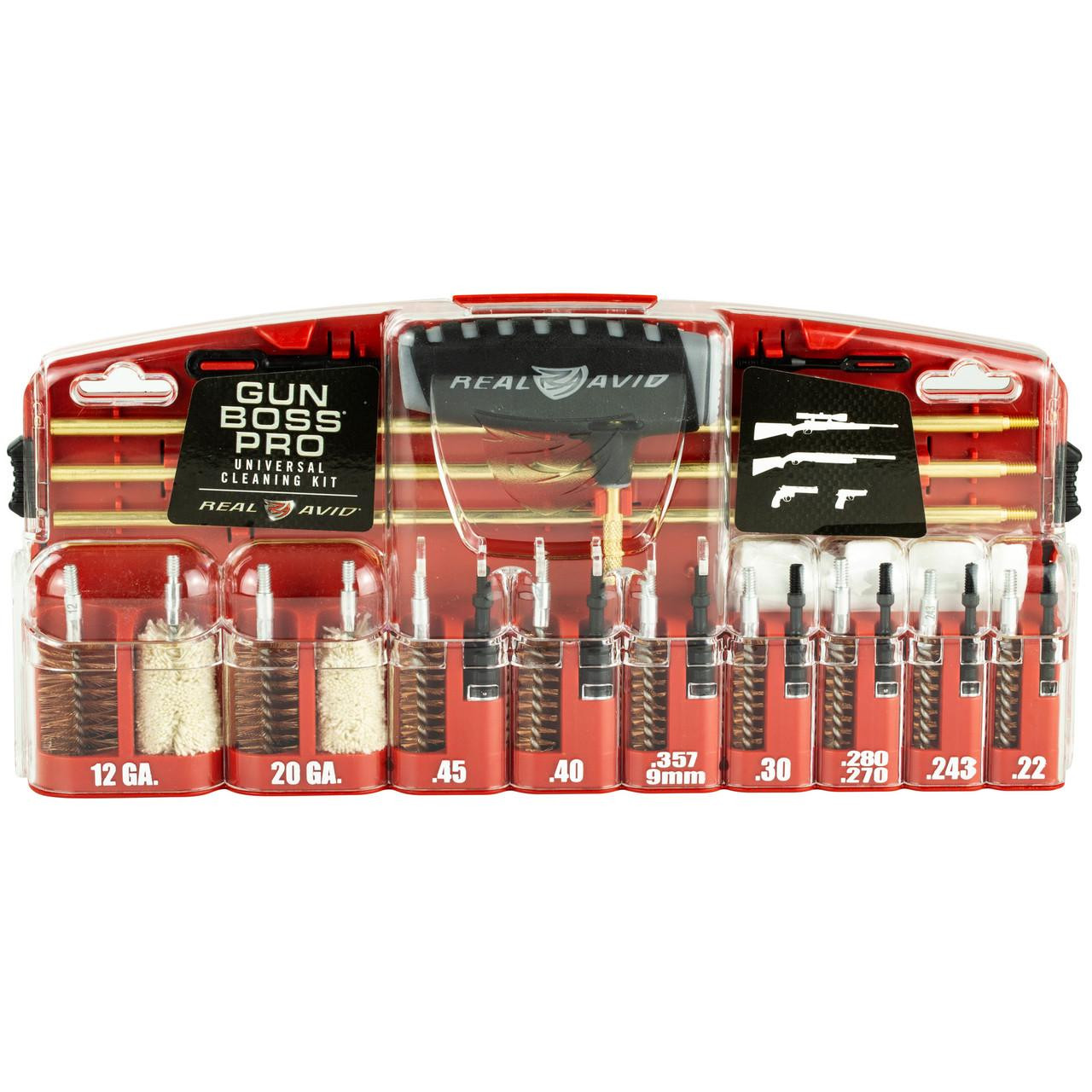 Real Avid GUN BOSS PRO UNIVERSAL KIT, cleaning kit for firearms with various brushes and tools in a clear plastic case.