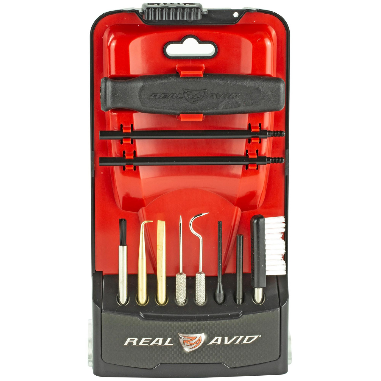Real Avid AVGBPROPCT Gun Boss Pro Precision Cleaning Tools - Ergonomic Kickstand Case for Detailed Gun Care, organized cleaning tools in red and black case.