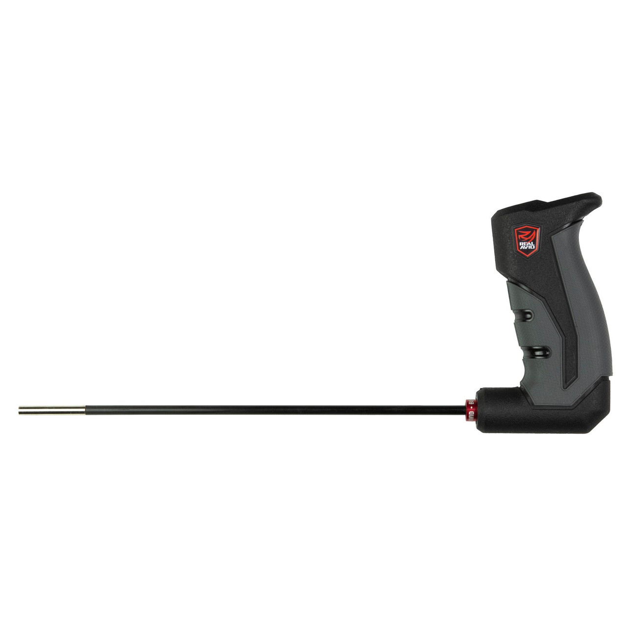 Real Avid AVBMSR2209 Premium Carbon Fiber Gun Cleaning Rod with Ergonomic Grip & Wall Hanger, black and red gun cleaning rod with ergonomic handle for firearm maintenance.