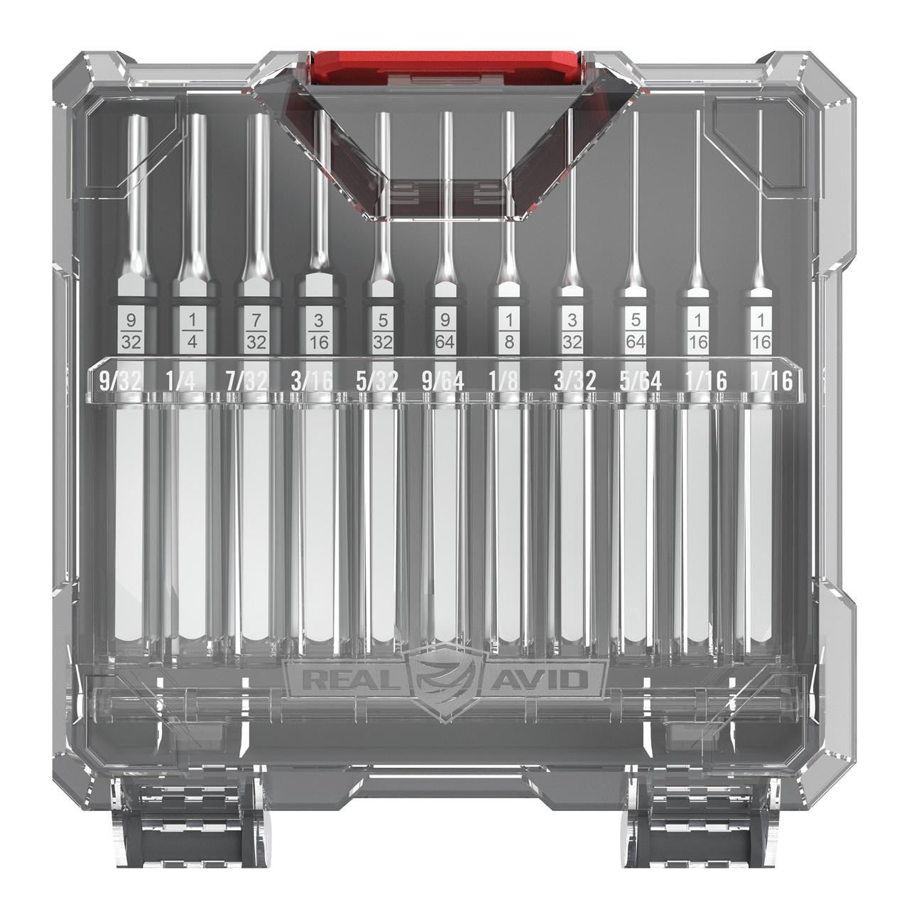 Real Avid REAL AVID ACCU-PUNCH 11PC ROLL PIN, transparent storage case with 11 punch pins organized by size.