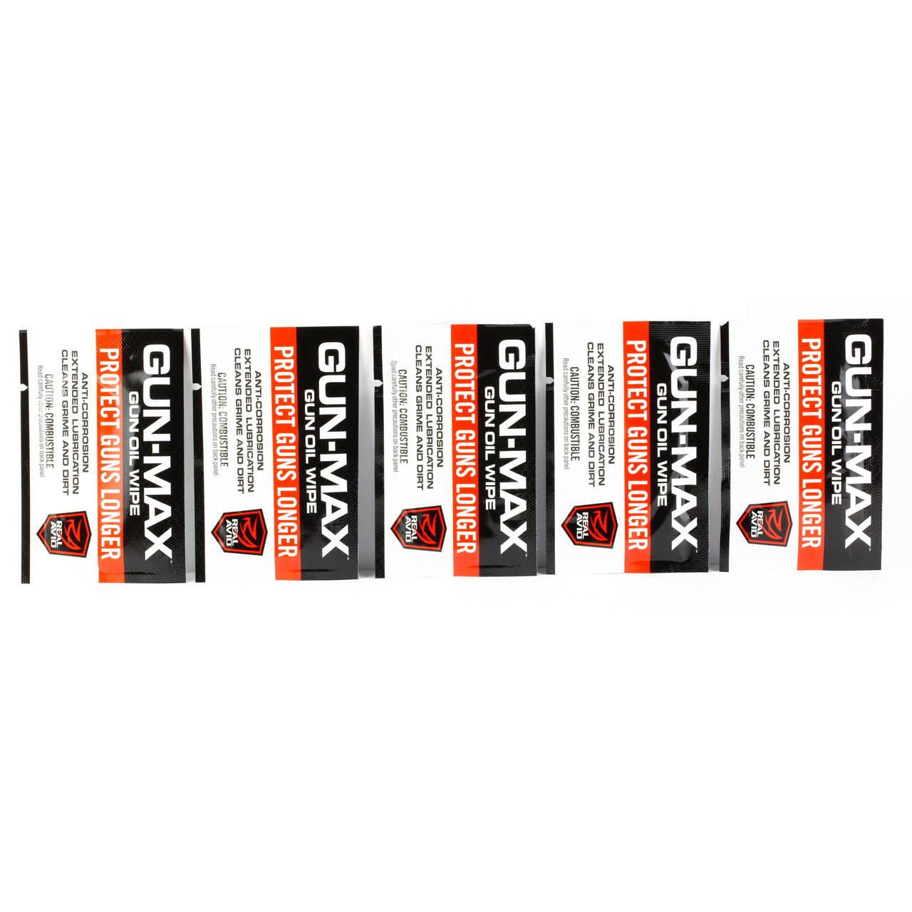 Real Avid REAL AVID GUN-MAX OIL WIPES 25PK, package of 25 oil wipes for firearm maintenance.