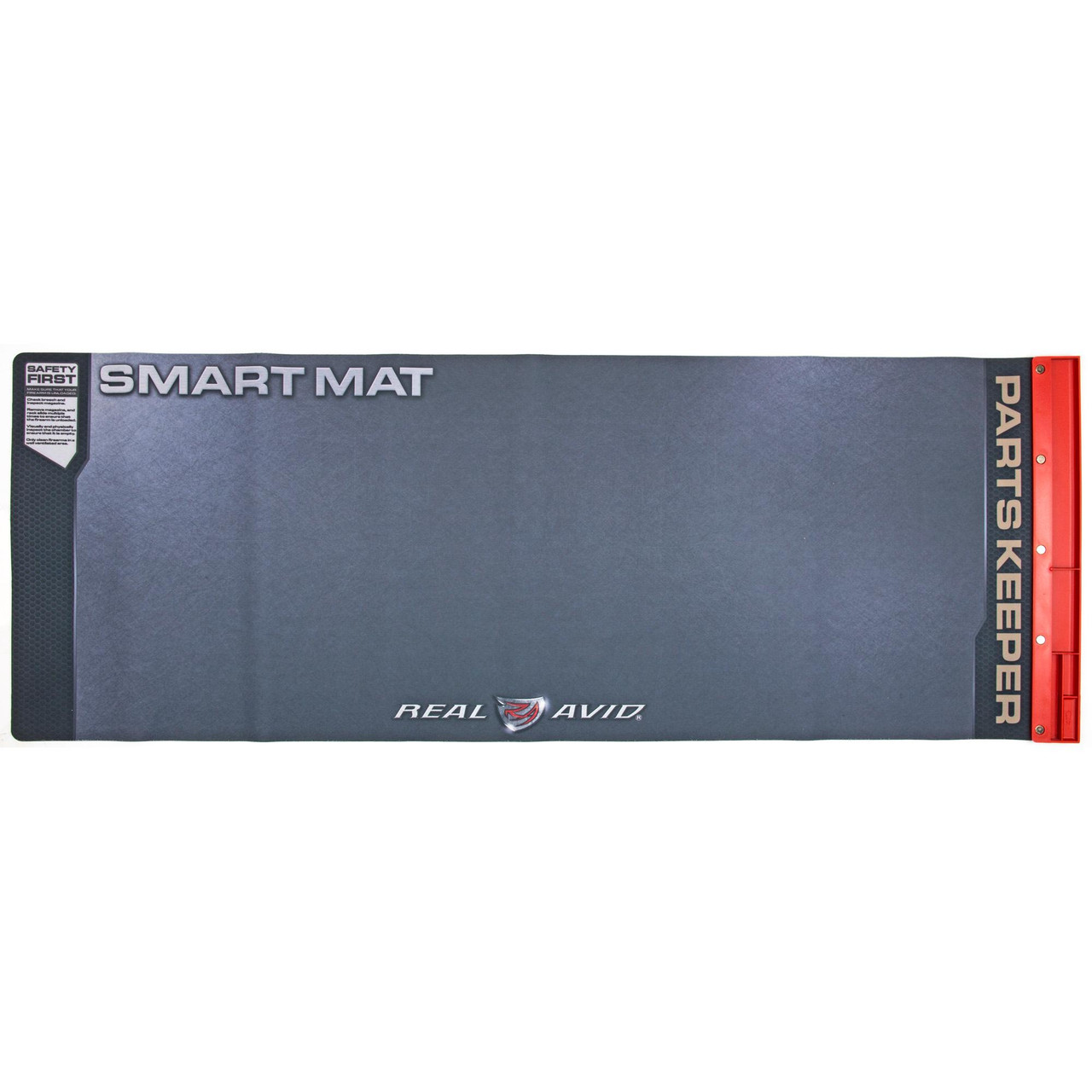 Real Avid AVULGSM Universal Smart Mat - 43" x 16" Gun Cleaning Mat with Parts Tray & Oil-Resistant Surface for Firearms, a large gun cleaning mat with a textured surface, parts tray on the side, and safety instructions in the top left corner.