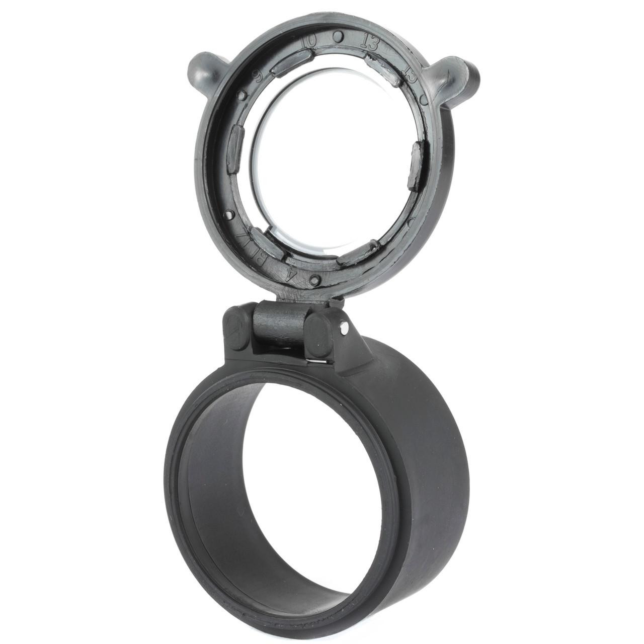 Butler Creek 70204 Blizzard SCP Cover CLR #4, a black scope cover with a hinged design and clear inner ring for rifle scope protection.