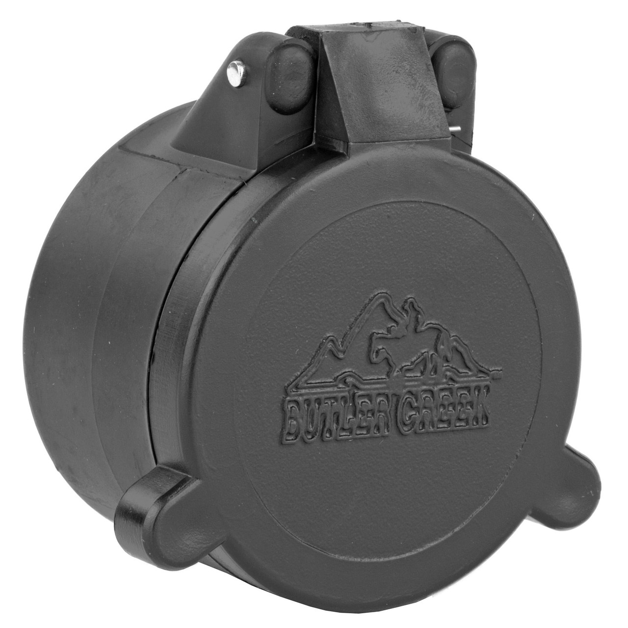 Butler Creek MO30025 Flip Scope Cover 02A, black protective lens cover with Butler Creek logo engraved, designed for ultimate lens protection for hunters.