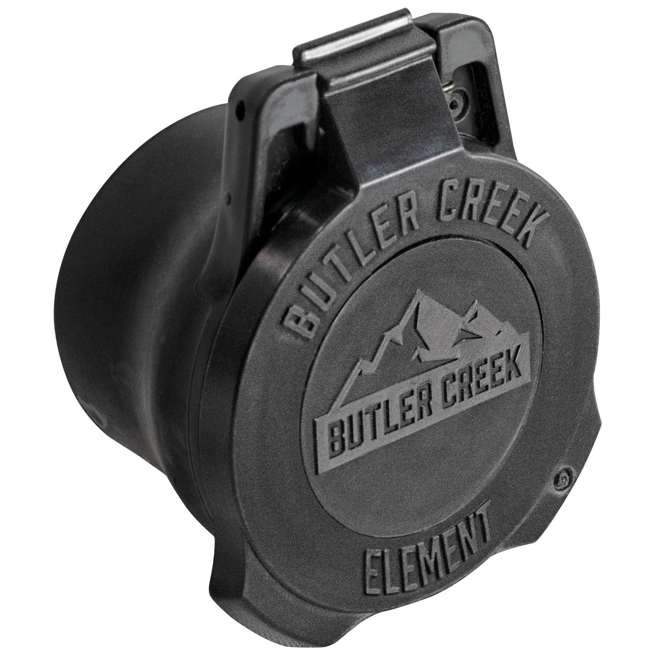 Butler Creek ESC56 Element SCP Cap 56mm, black plastic scope cover with secure locking mechanism for 44-50mm optics, outdoor shooting accessory.