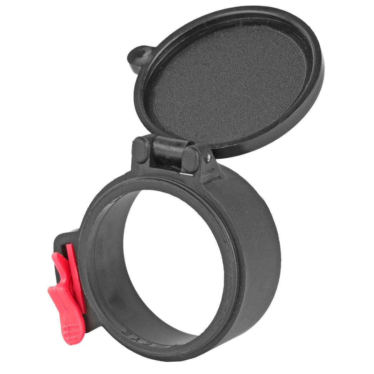 Butler Creek MO20180 flip scope cover 18 eye, black scope cover with flip-up lens cap and red locking latch.