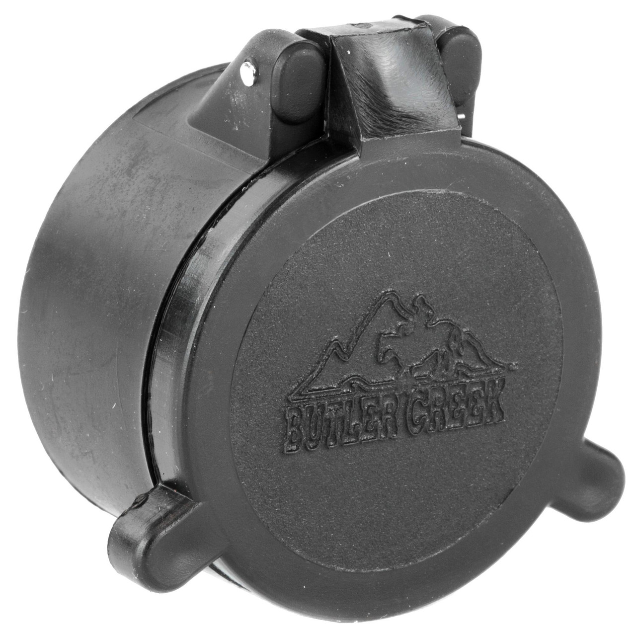 Butler Creek 30035 Flip Scope Cover 03 OBJ - premium scope protection for hunting & shooting, black plastic flip scope cover with Butler Creek logo and durable design.
