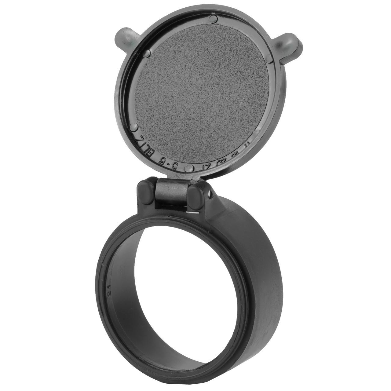 Butler Creek 30210 flip scope cover 21 obj, a black protective scope cover with a flip-up lens cap for rifle scopes.