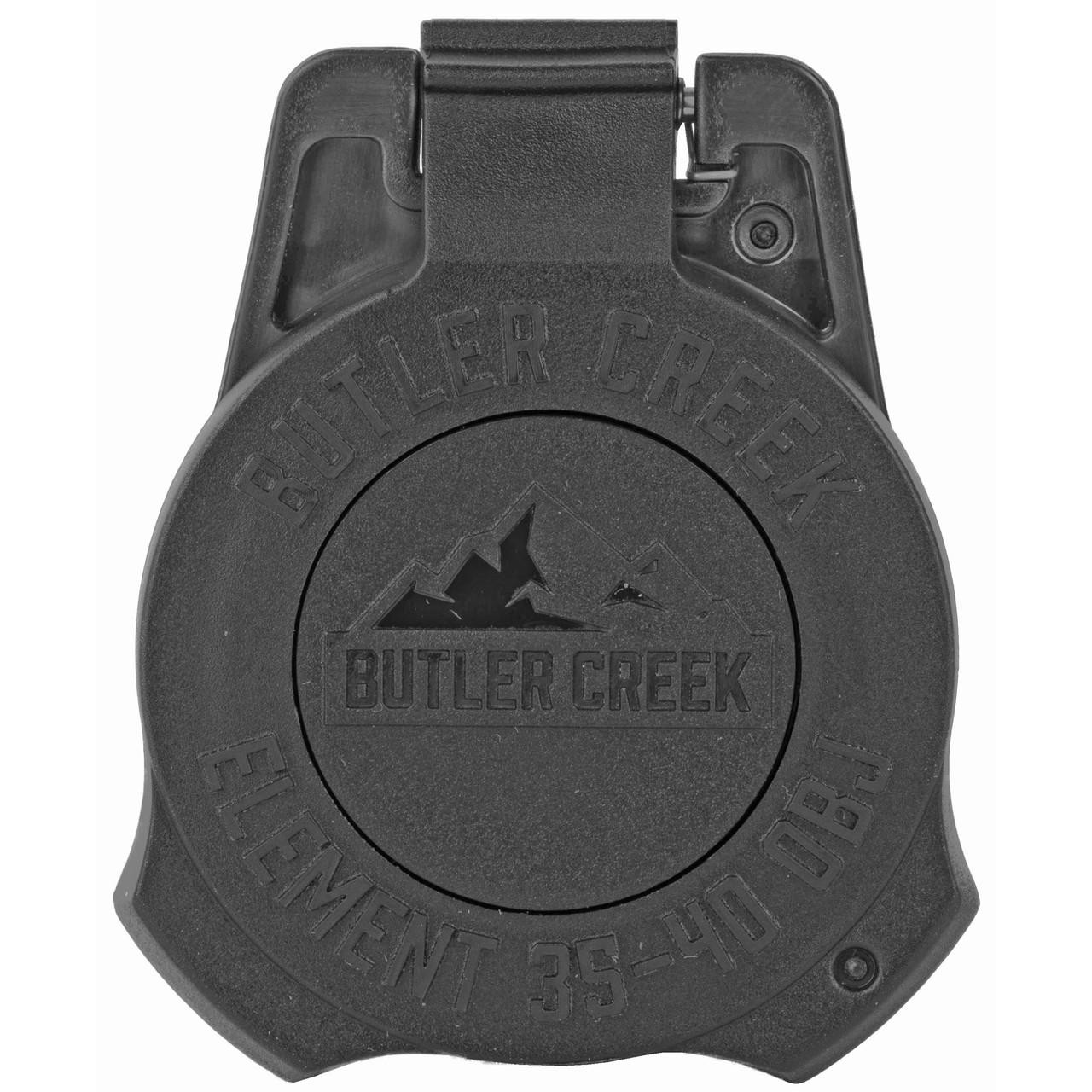 Butler Creek ESC40 Elmnt SCP Cap Obj 40mm, black protective cap for rifle scopes with the Butler Creek logo and mountain graphic engraved on the top.