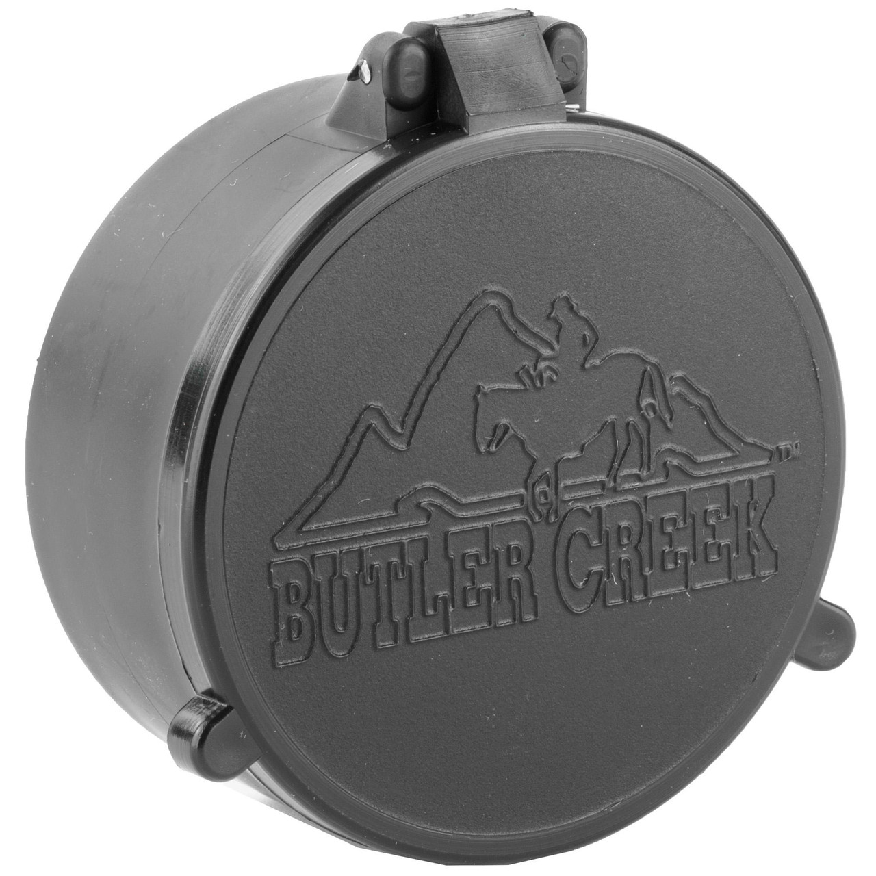 Butler Creek 30390 Flip Scope Cover 39 OBJ, black lens cover with embossed logo of a mountain and horse, designed for ultimate lens protection for hunters and shooters.
