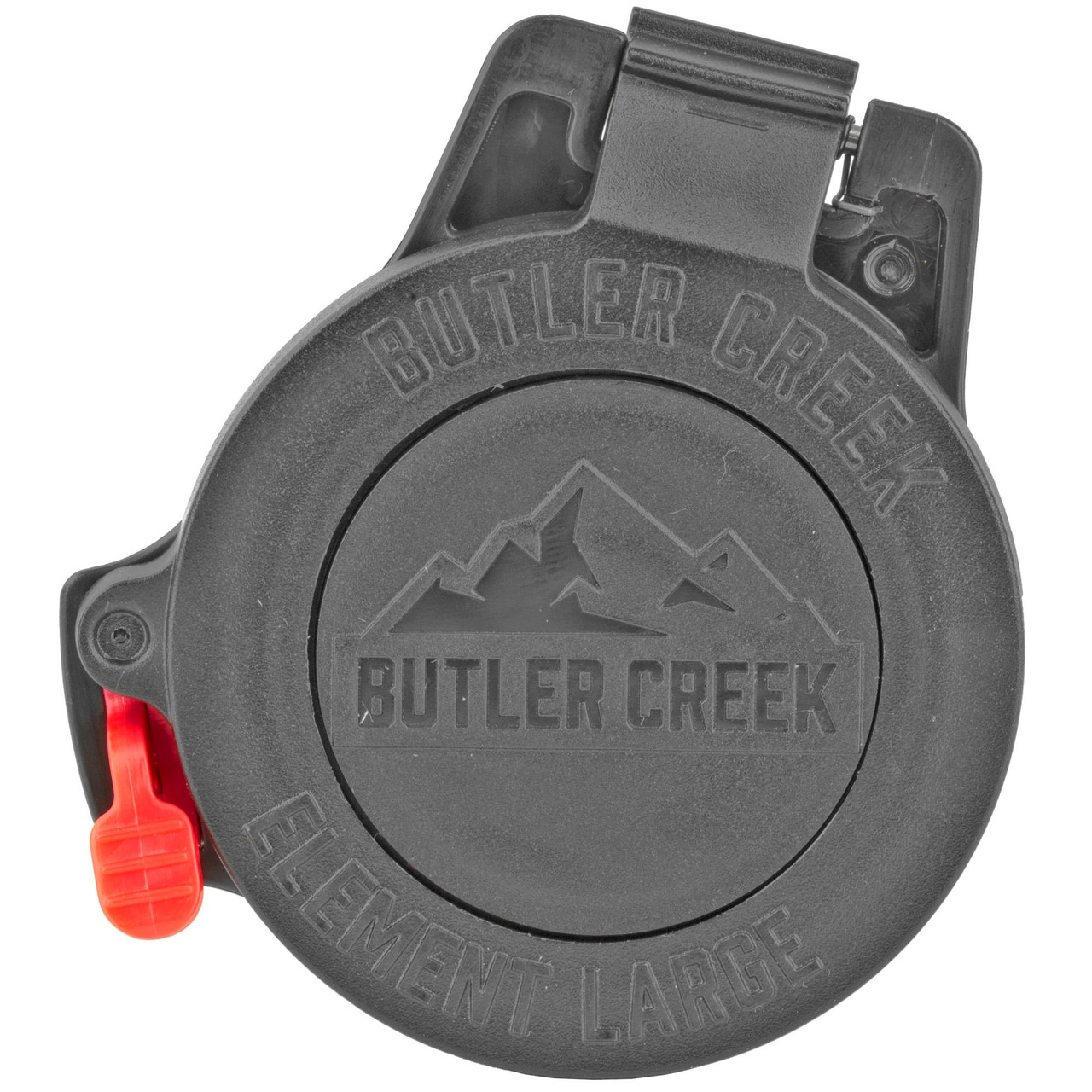 Butler Creek EEP2 Element Scope Cap Eye Piece 2, black scope cap with the Butler Creek logo and a red locking tab for protection of rifle scope eyepiece.