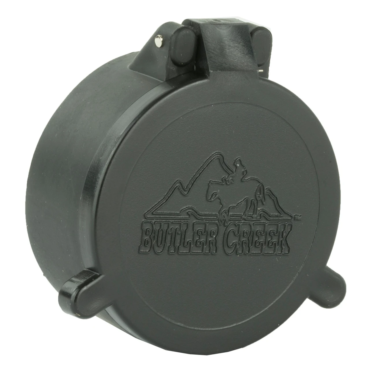 Butler Creek 30200 Flip Scope Cover 20 OBJ, a black protective flip-up scope cover with the Butler Creek logo embossed on the top