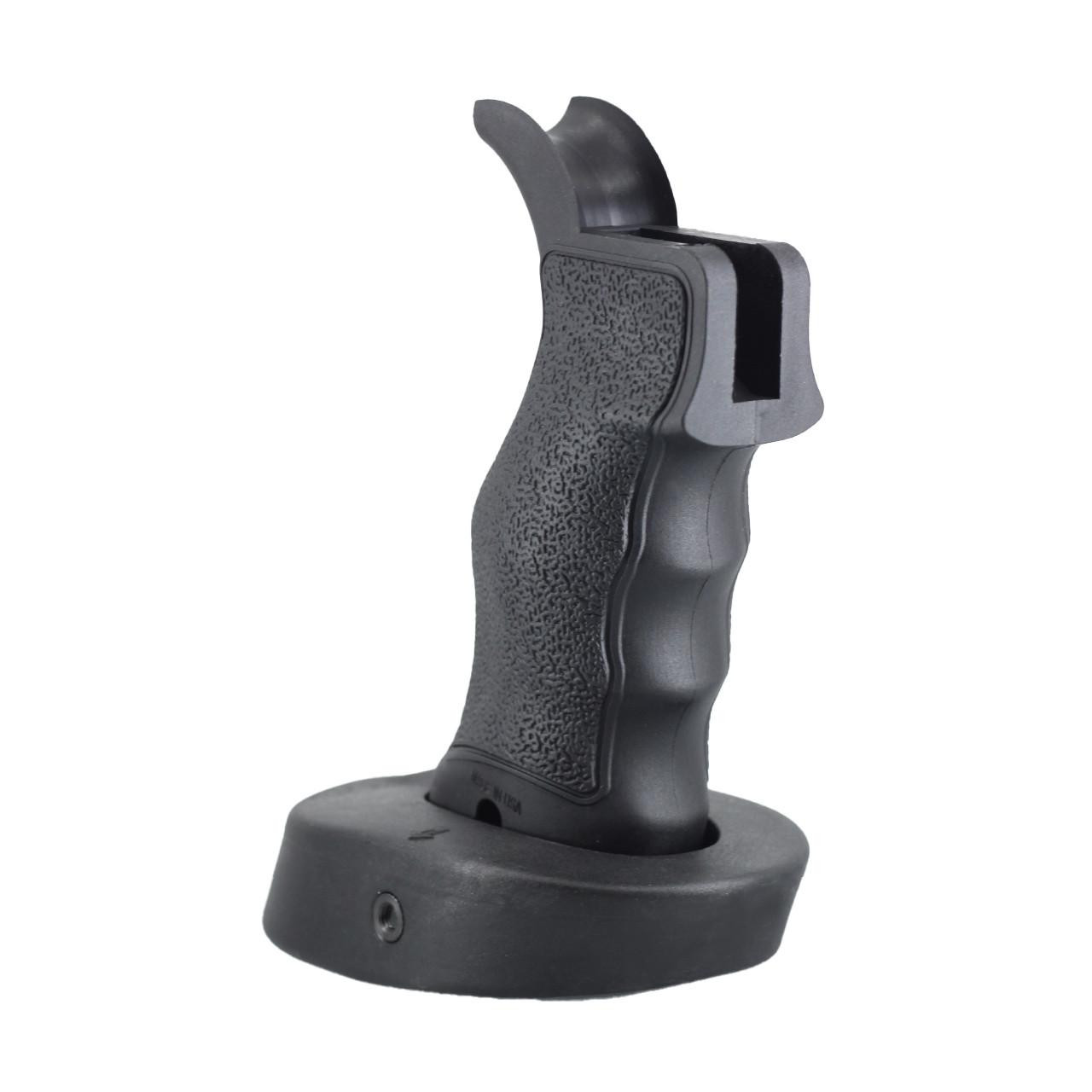 ABC SportZ Made in USA AR15 Panther Style Adjustable Sniper Grip with Stand, close-up of the black ergonomic firearm grip with textured surface and stand base for enhanced stability.