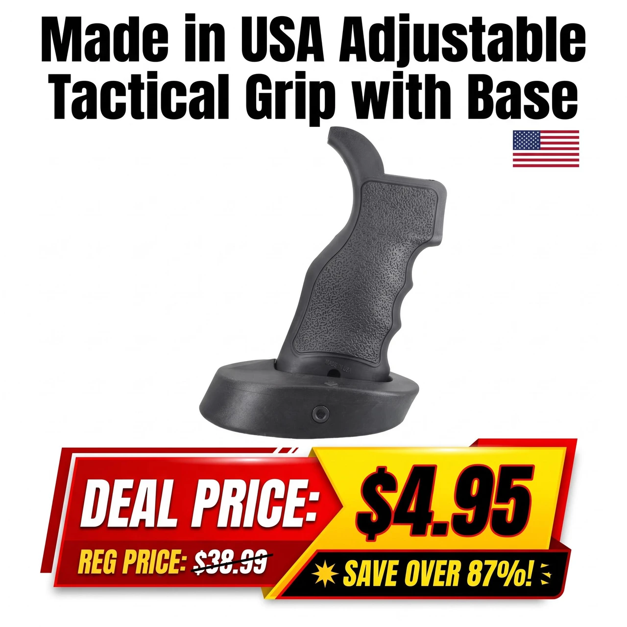 ABC Sport Z Made in USA AR15 Panther Style Adjustable Sniper Grip with Stand, black tactical grip with textured surface and ergonomic design on a product display.