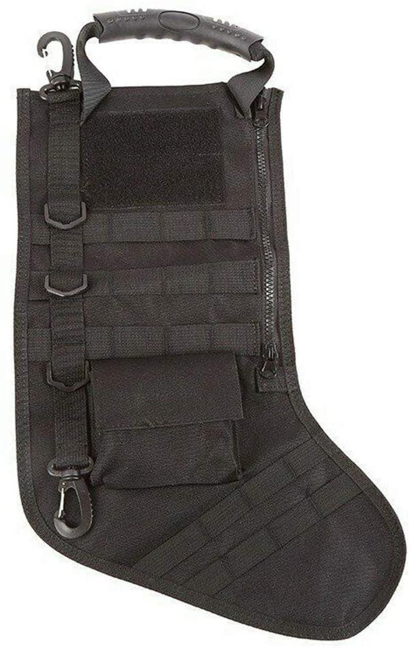 ABC Sport Z Tactical Holiday Christmas Stocking, black tactical Christmas stocking with multiple pouches and attachment points for accessories.