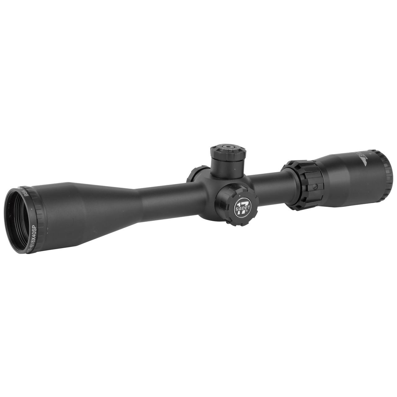 BSA Optics BSA SWEET 17 6-18X40 17CAL DPX SP rifle scope, black matte finish with adjustable magnification and reticle adjustment knobs.