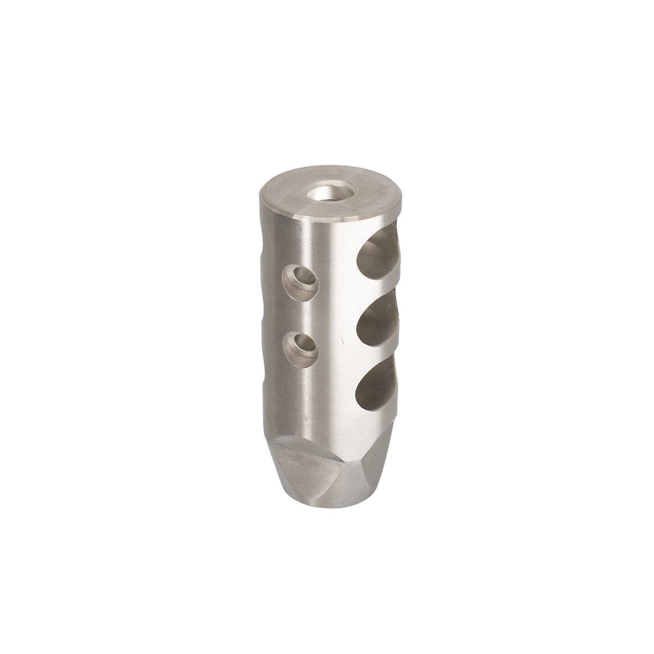 ABC SportZ .308 Rifle Short 3 Baffle 2 Port Muzzle Brake Stainless, stainless steel muzzle brake with multiple vents and a compact design for recoil reduction.
