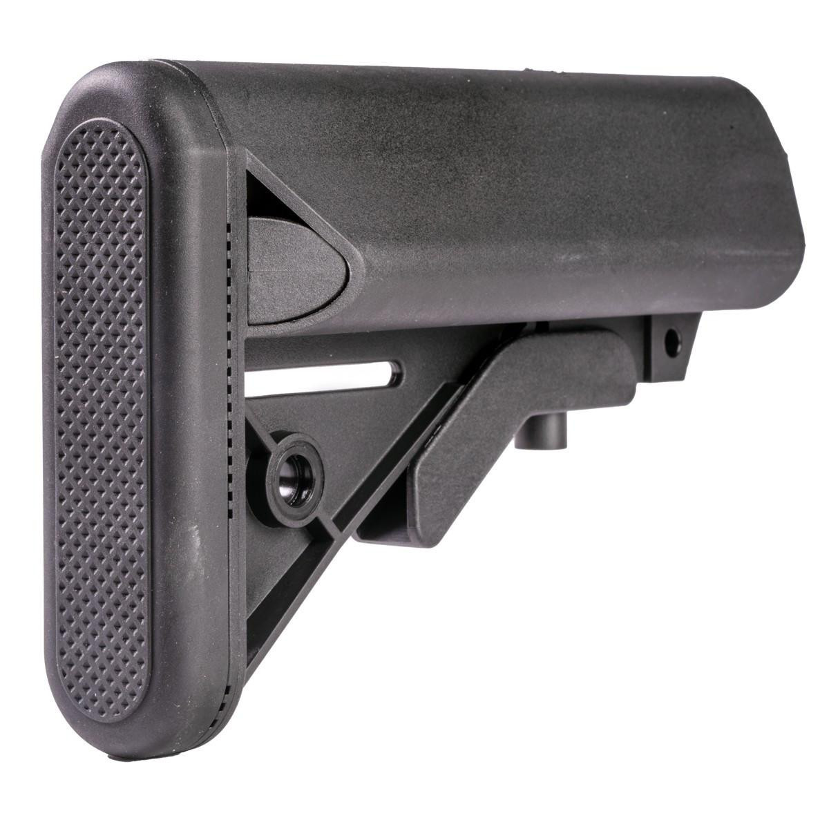 Davidson Defense SK-14638 SOPMOD Style Collapsible Stock with Storage Compartments, Black, showing the adjustable black stock with storage compartments for a firearm.